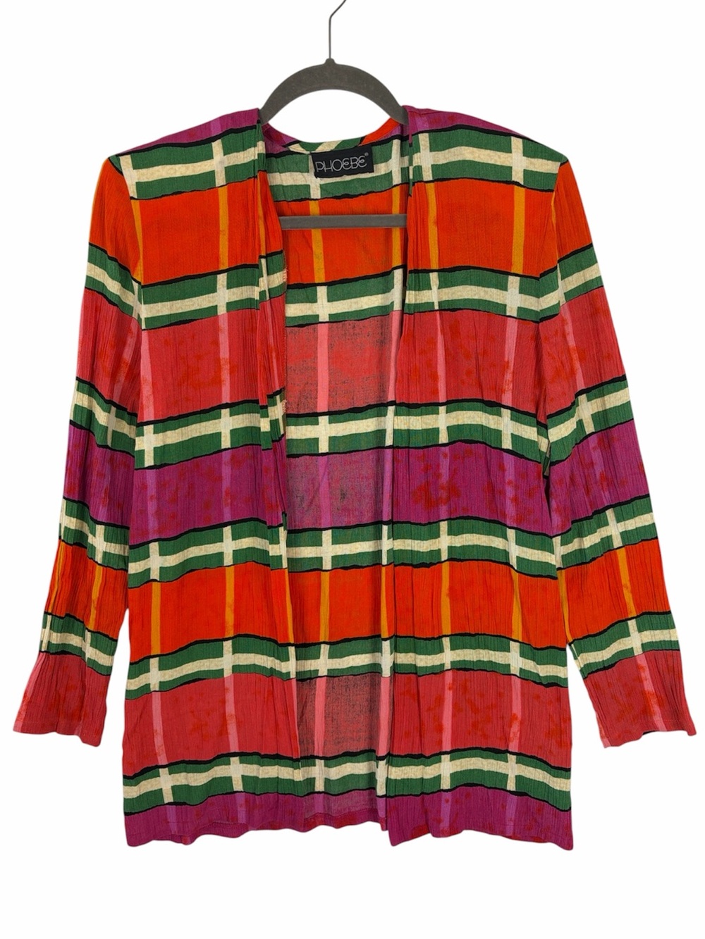 Vintage 80s 90s Phoebe Plaid Open Front Cardigan Shoulder Pads Boho M